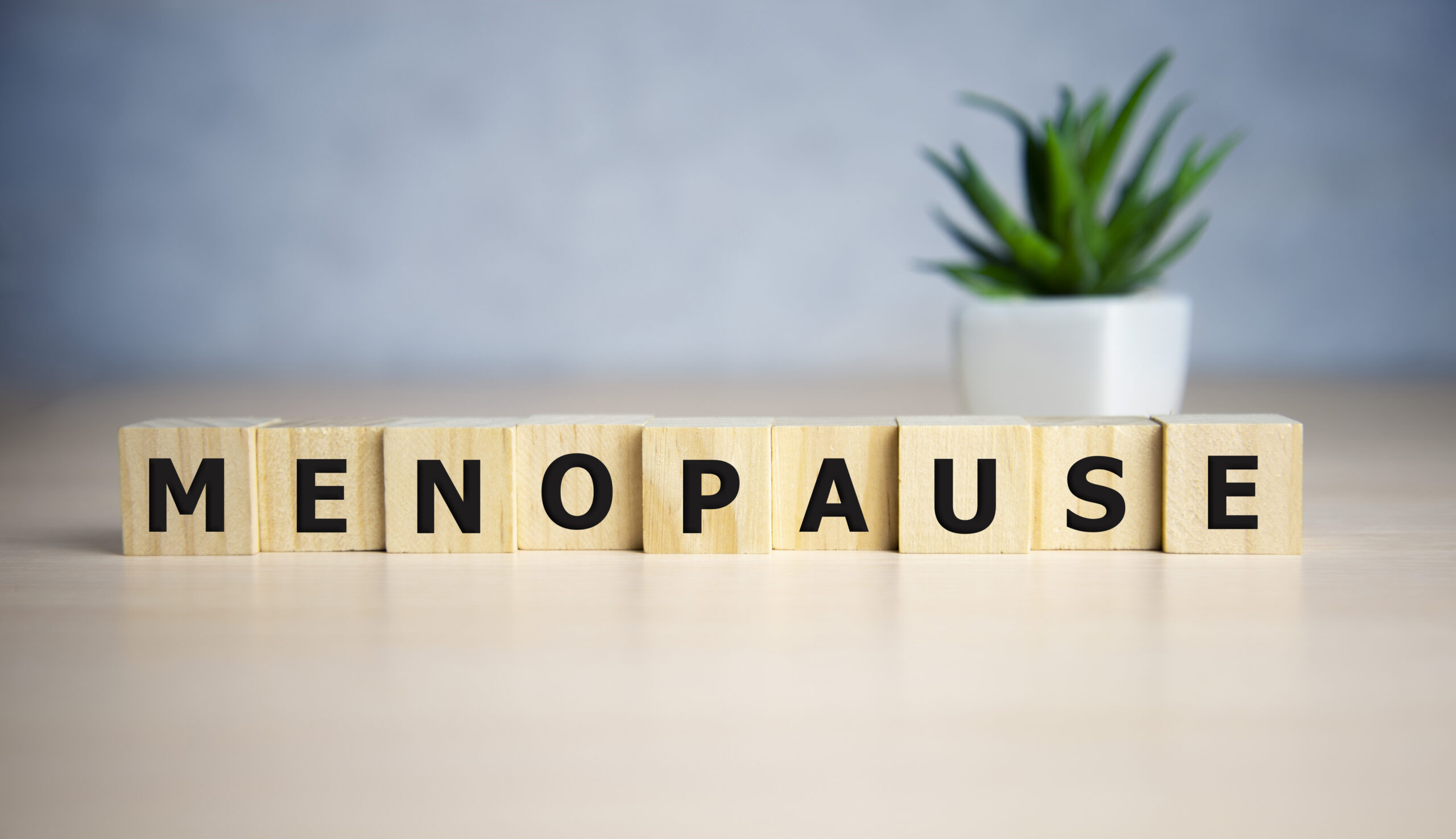 Menopause – Wort auf Holzblock geschrieben. Menopause – Text auf Tisch, Konzept